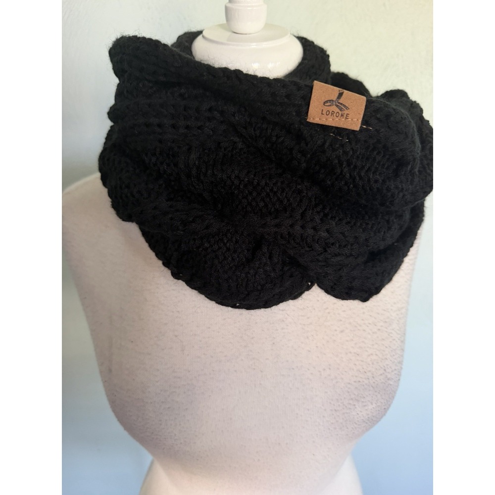 LOROME black cable-knit infinity scarf chunky textured loop leather tag OS